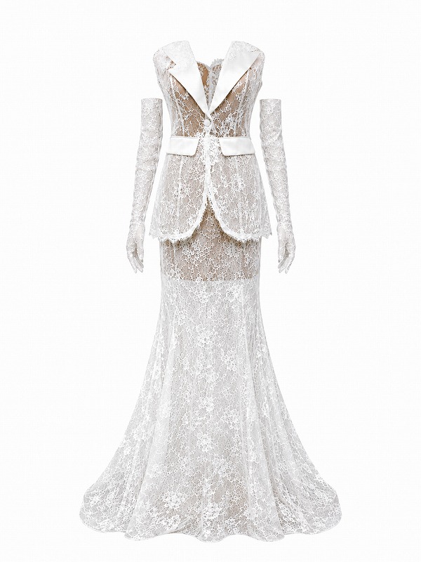 【新品DRESS 2031】総レース×ジャケットドッキング立体フラワーコサージュ付きマーメイドロングドレス ホワイト
